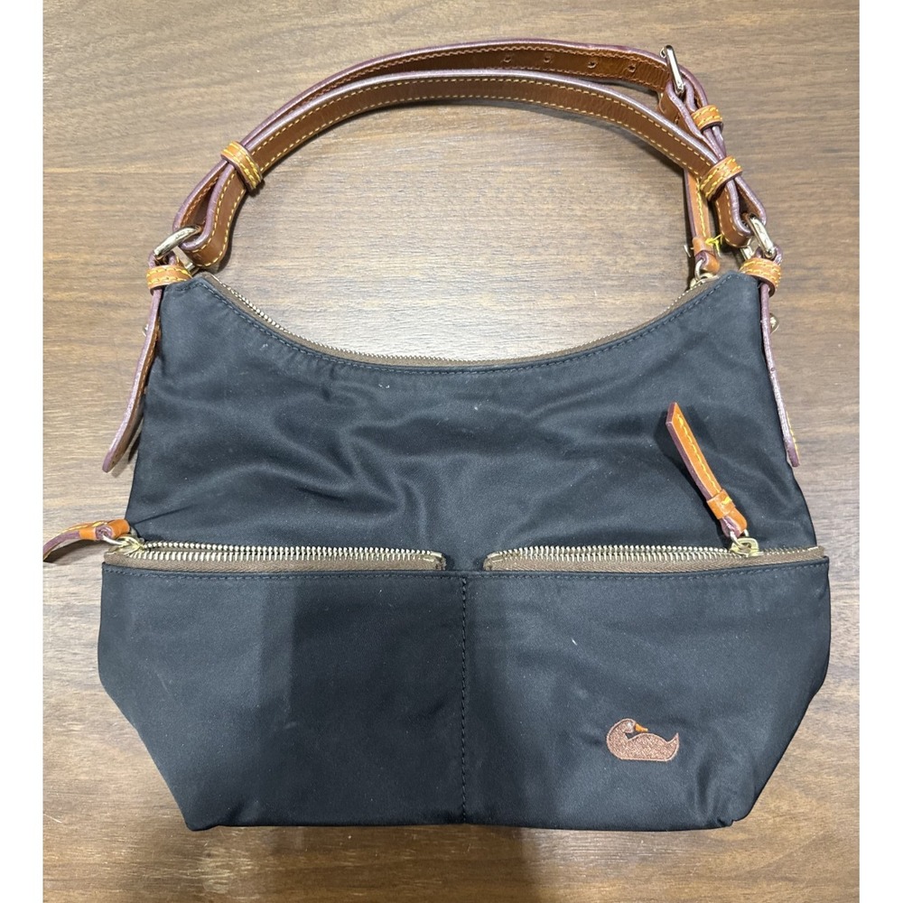 DOONEY & BOURKE Black Nylon Hobo Shoulder Bag Leather Trim Bright Pink Lining
